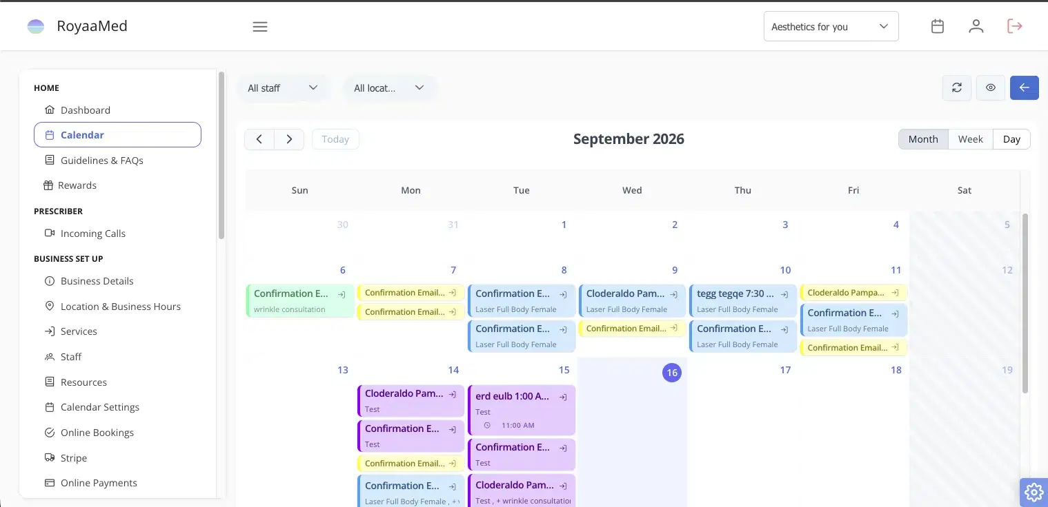RoyaaMed clinic management platform - calendar view